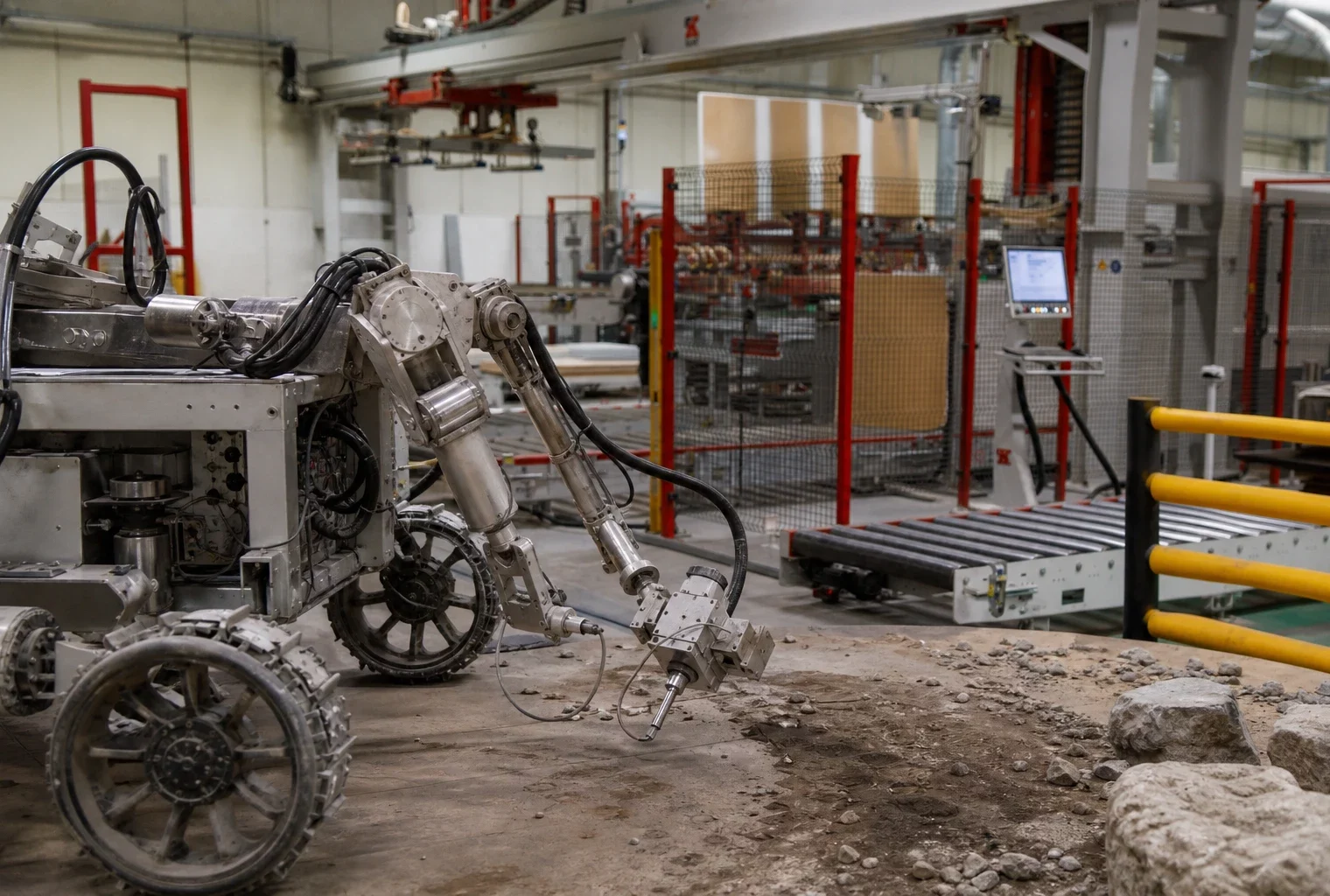 Robot de prospection lunaire en test dans un atelier spatial français, sur sol technique avec câbles et structures industrielles.