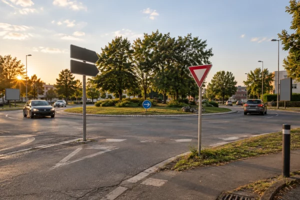 Un rond-point routier de périphérie, avec chaussée marquée, panneau de direction, voitures et îlot central enherbé.