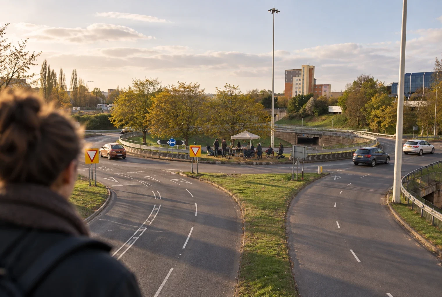 Un rond-point de périphérie, avec quelques personnes rassemblées près de l’îlot central et des voitures en arrière-plan.