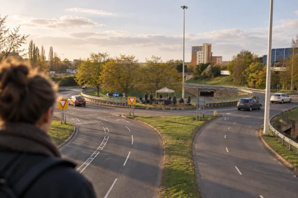 Un rond-point de périphérie, avec quelques personnes rassemblées près de l’îlot central et des voitures en arrière-plan.
