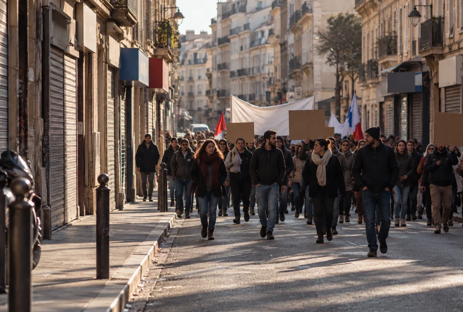 Rue commerçante marseillaise aux rideaux métalliques baissés, bordant une chaussée dégagée sur le parcours d’une manifestation.