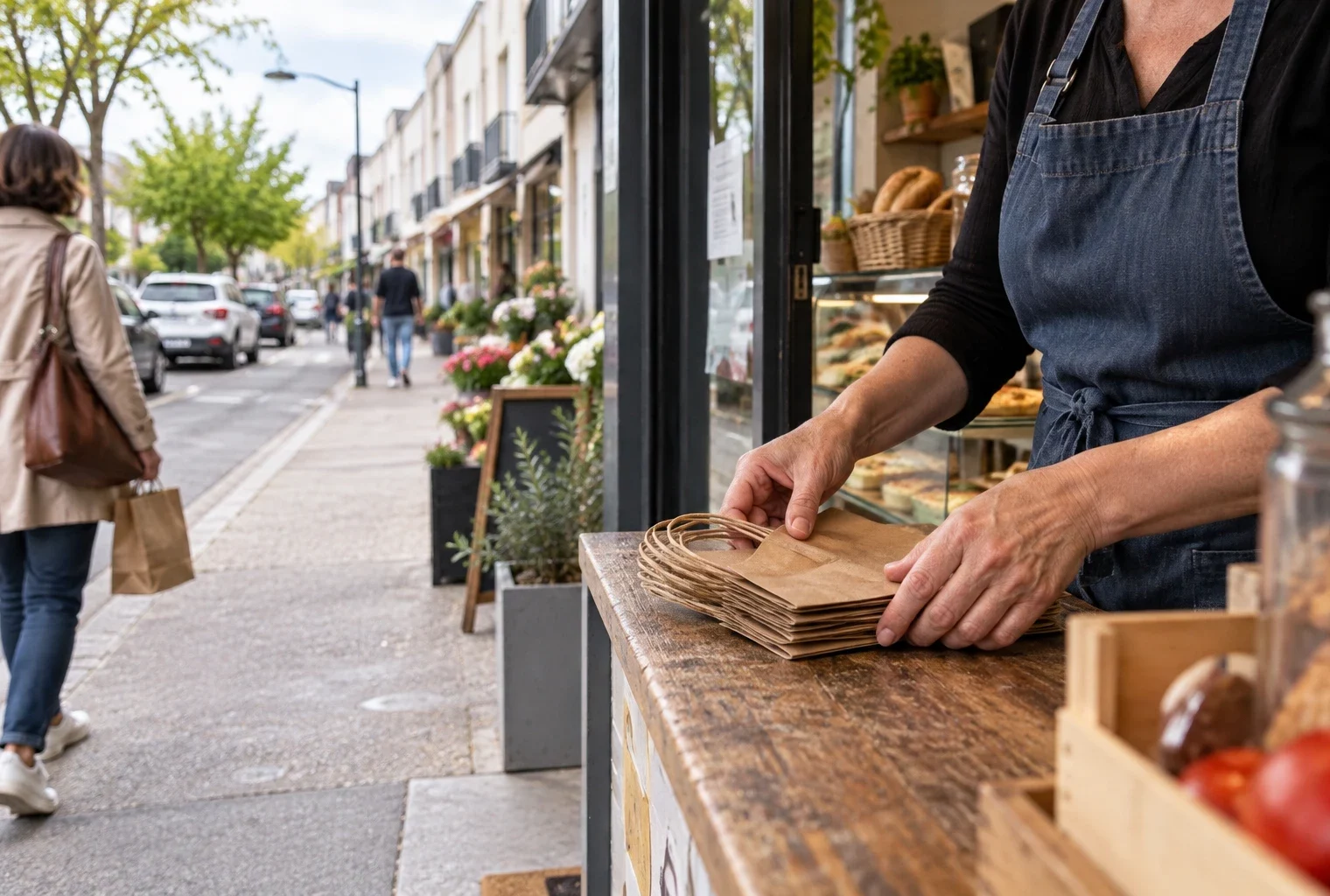 Les mains d’un commerçant disposent des sacs en papier devant une rue de commerces et d’immeubles en banlieue.