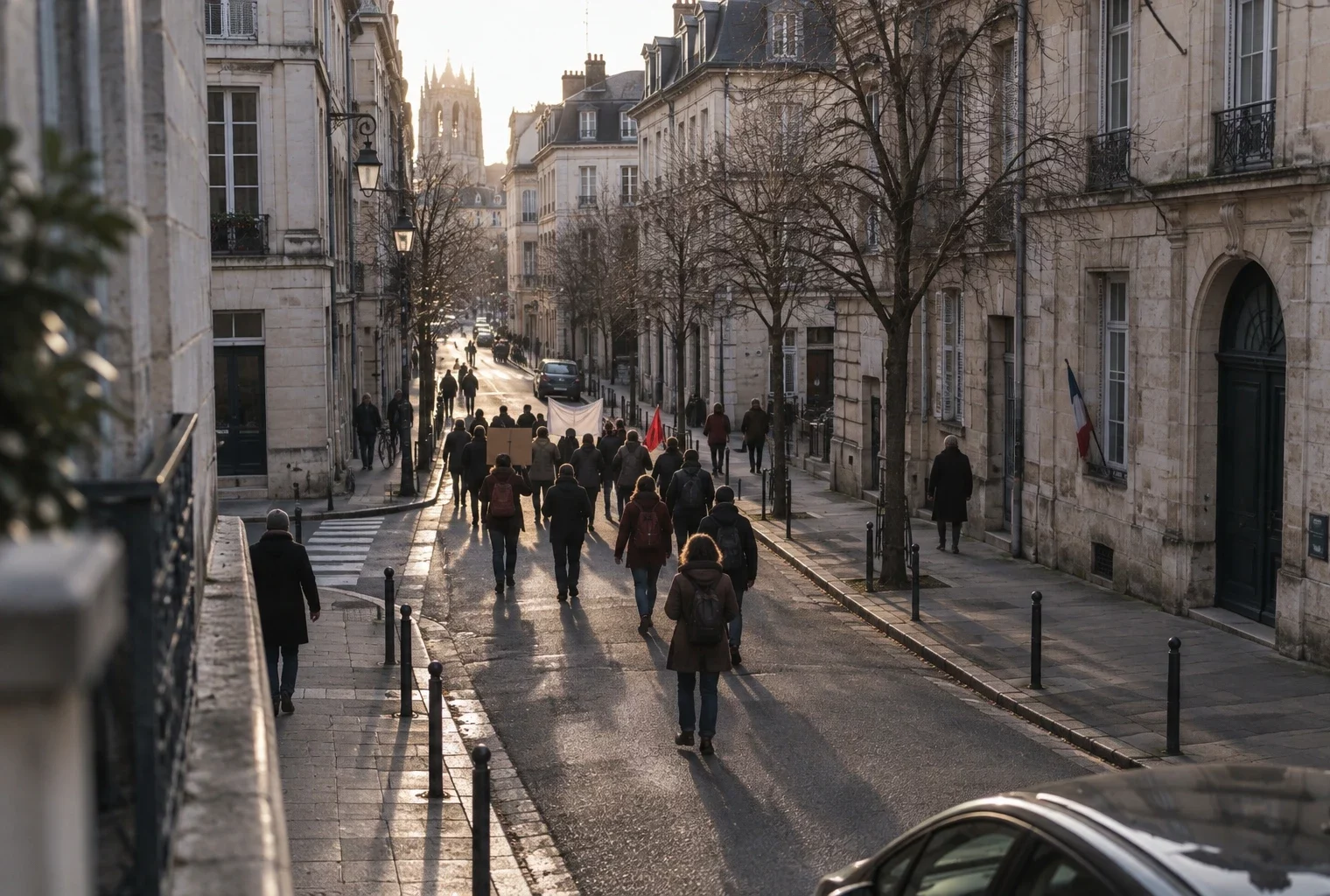 Dans une rue bordée de façades anciennes, quelques manifestants avancent en laissant libre le passage vers un bâtiment.