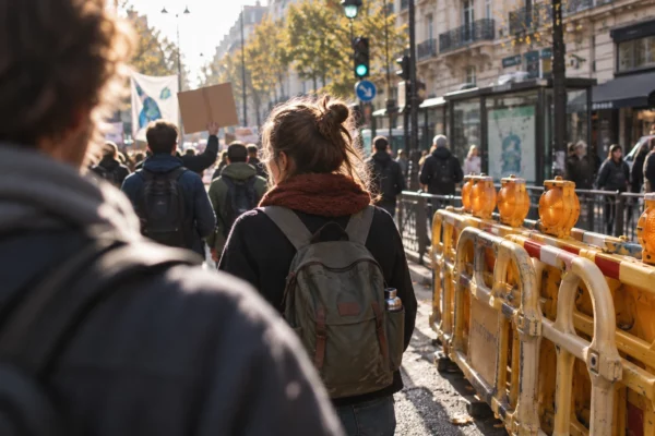 Des barrières jaunes bordent une rue française où des marcheurs avancent, avec une participante vue de dos au milieu du parcours.