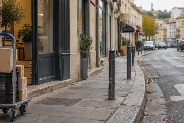 Gros plan sur un trottoir usé, des potelets et l’accès à un commerce, dans une rue bordée de façades urbaines.