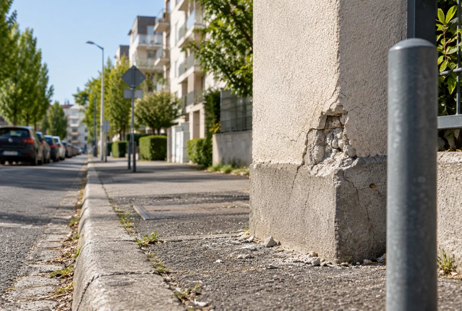 Détail d’un impact dans l’enduit d’une façade résidentielle, au bord d’une rue calme des Yvelines bordée d’immeubles et de voitures.