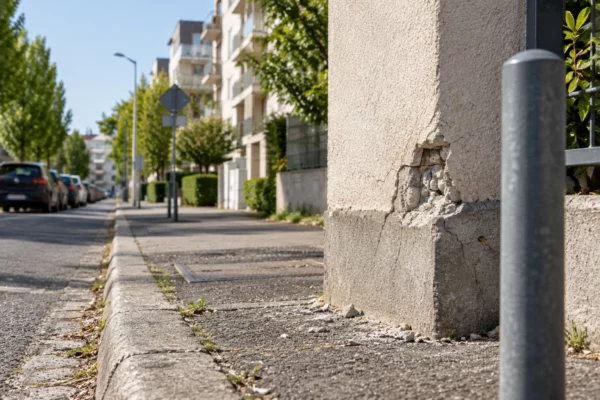 Détail d’un impact dans l’enduit d’une façade résidentielle, au bord d’une rue calme des Yvelines bordée d’immeubles et de voitures.
