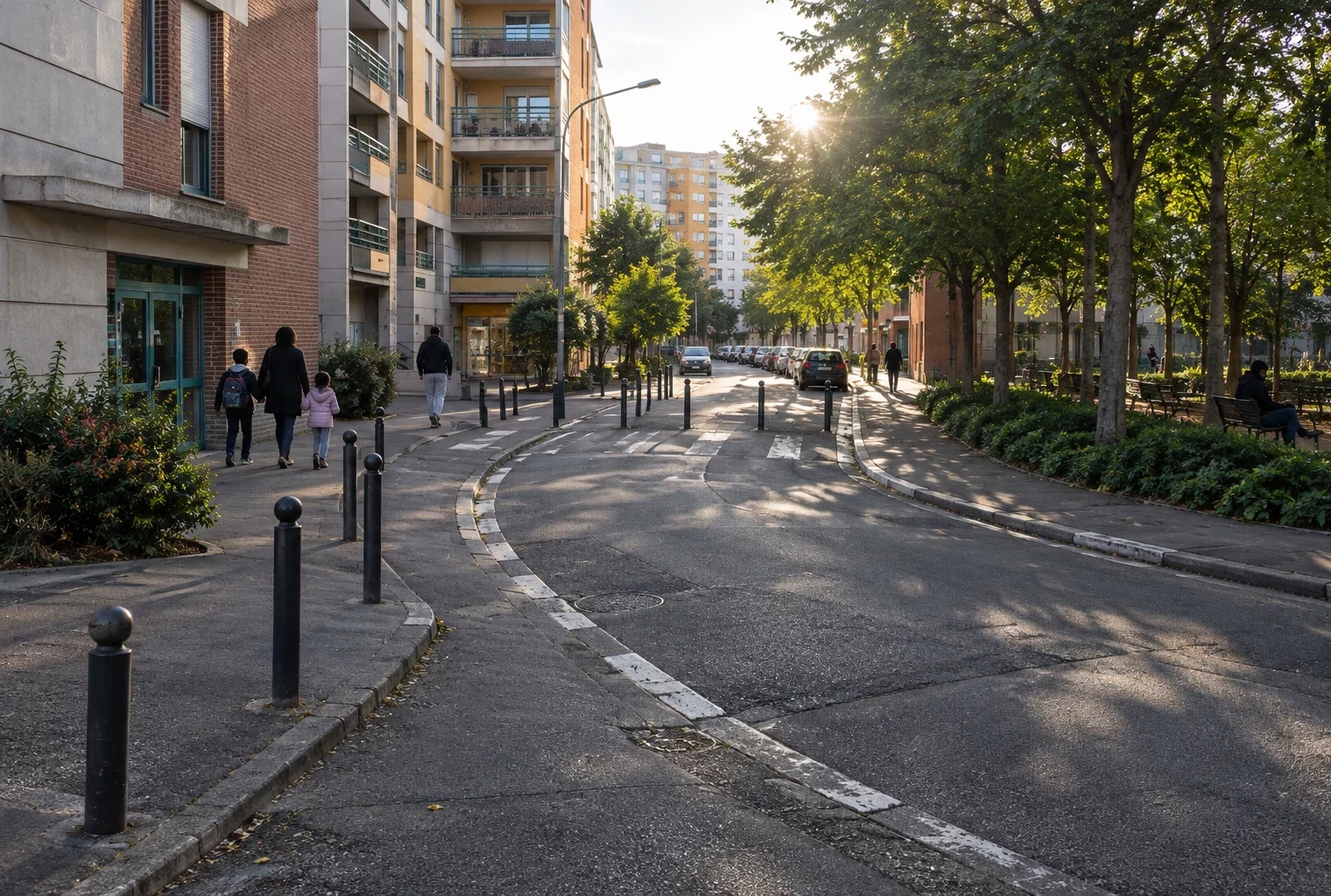 Rue résidentielle ordinaire à Trappes, avec chaussée usée, bornes de trottoir, façades d’immeubles et arbres.