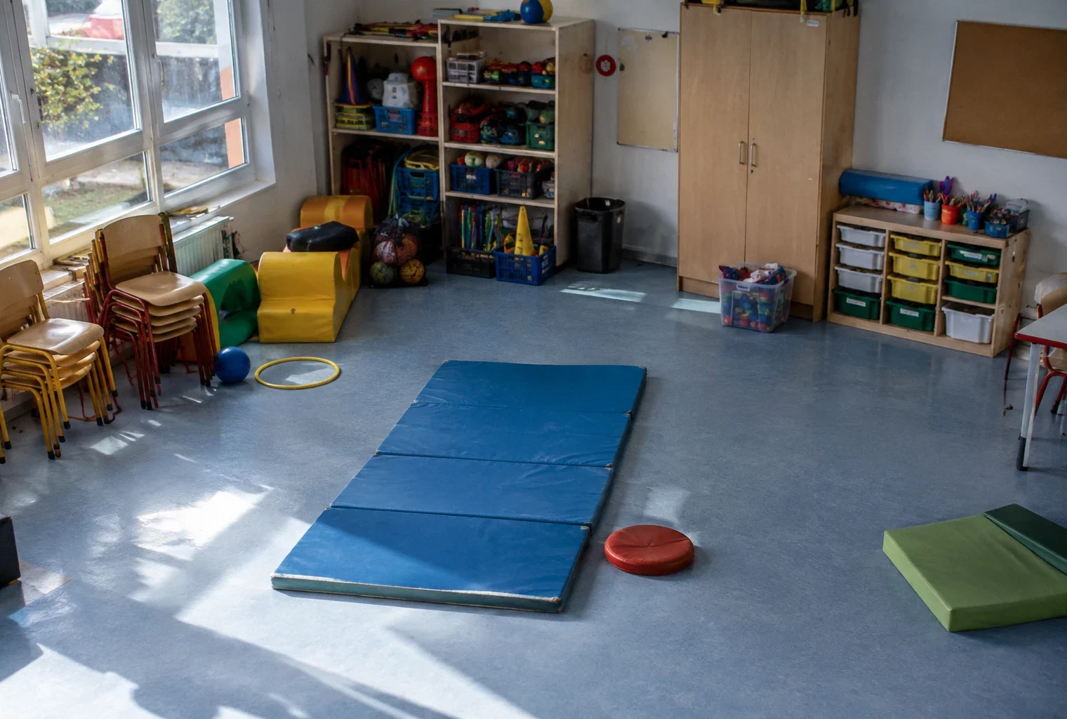 Salle d’accueil périscolaire avec tapis, matériel d’activité rangé et chaises empilées dans une école primaire.