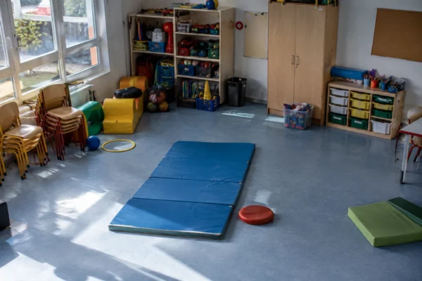 Salle d’accueil périscolaire avec tapis, matériel d’activité rangé et chaises empilées dans une école primaire.