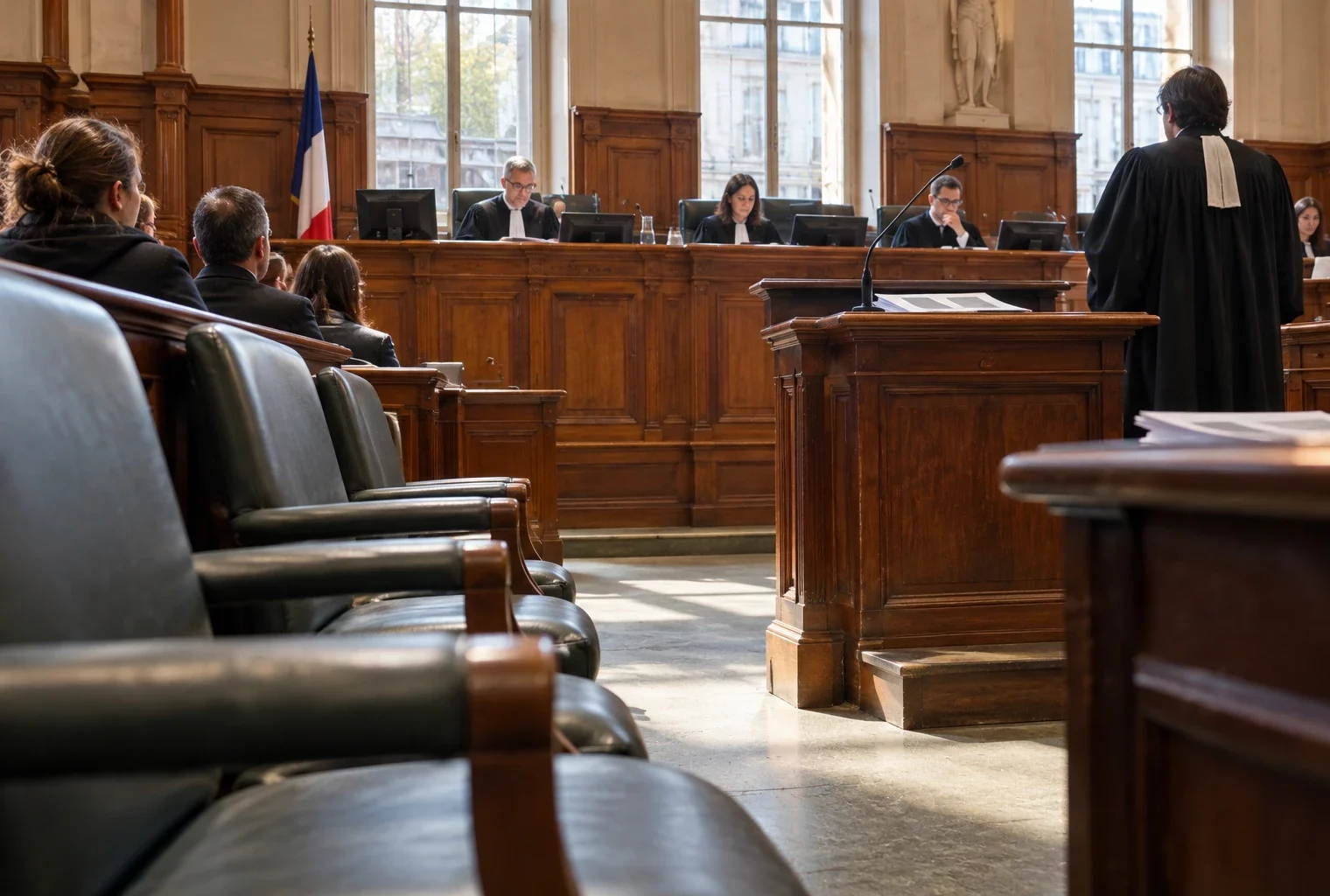 Salle d’audience en bois avec banc des magistrats équipé de microphones, pupitre de la défense et sièges du public.