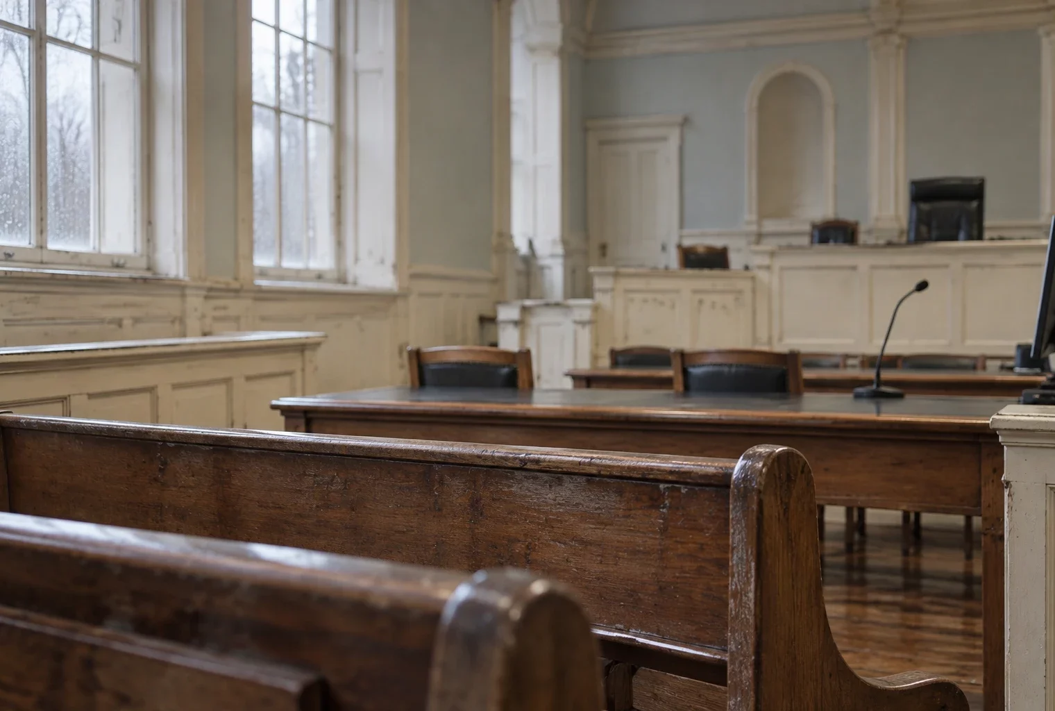 Détail de bancs et de tables en bois usés dans une salle d’audience administrative, sous une lumière grise et des reflets doux.