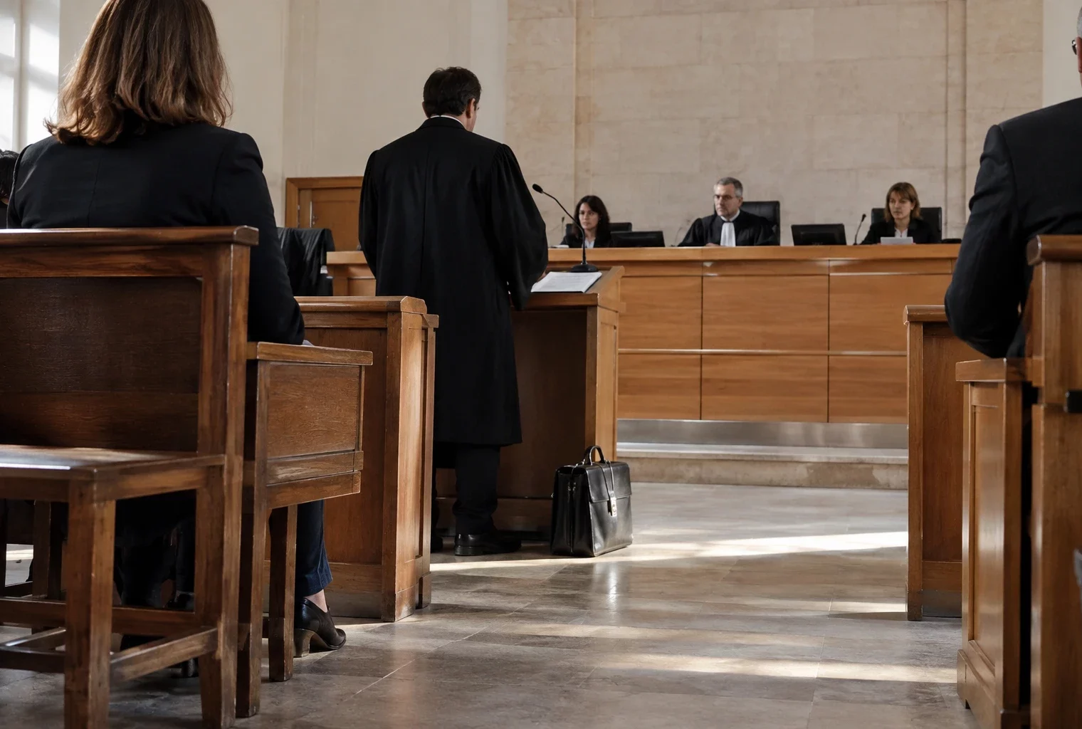 Bancs et pupitre dans une salle d’audience de tribunal administratif, avec une estrade équipée de micros au fond.