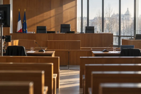 Banc de magistrats en bois et micros dans une salle d’audience, avec les places des parties au premier plan.