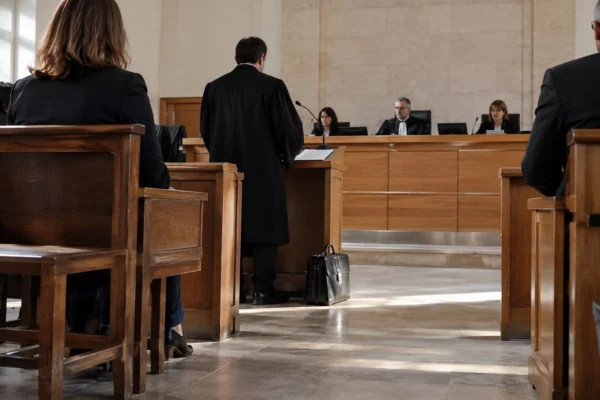 Bancs et pupitre dans une salle d’audience de tribunal administratif, avec une estrade équipée de micros au fond.
