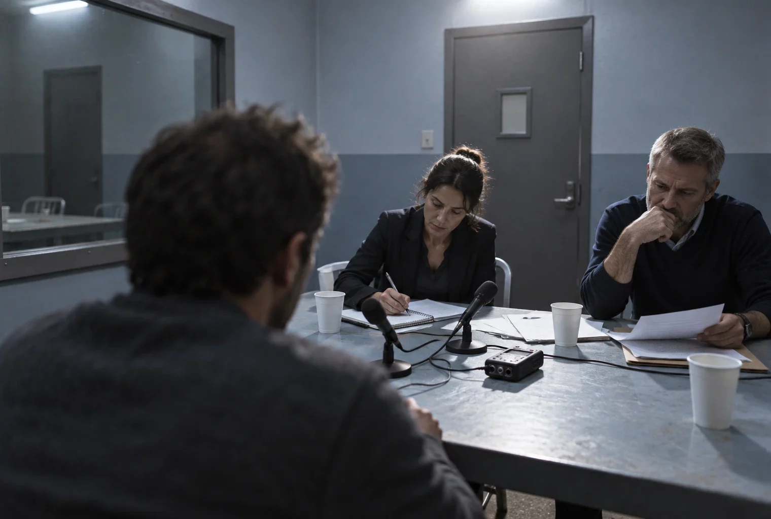 Salle d’audition de police avec table, microphones, matériel d’enregistrement et enquêteurs au travail.