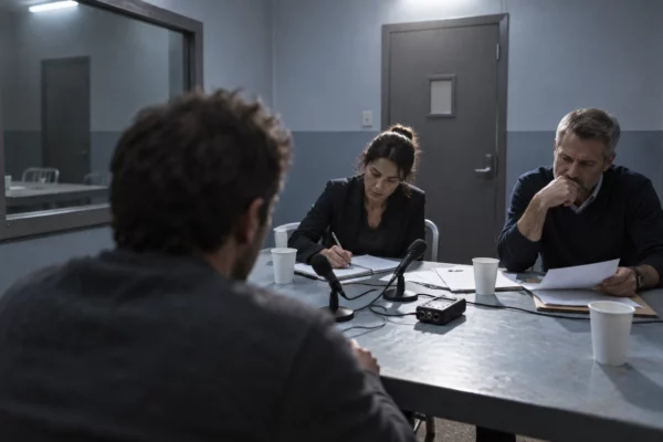 Salle d’audition de police avec table, microphones, matériel d’enregistrement et enquêteurs au travail.