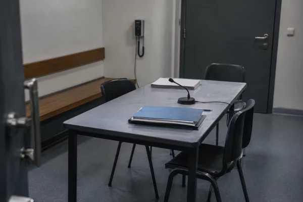 Salle d’audition vide avec table, chaises, banc fixé au mur et interphone, dans un commissariat français.