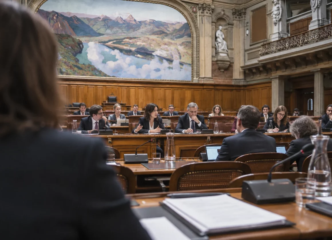 Salle de commission parlementaire avec pupitre à microphone, dossiers ouverts et rangées de sièges sous des boiseries patinées.