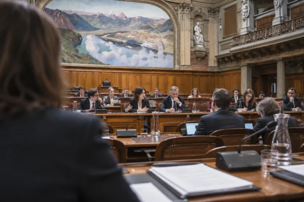 Salle de commission parlementaire avec pupitre à microphone, dossiers ouverts et rangées de sièges sous des boiseries patinées.