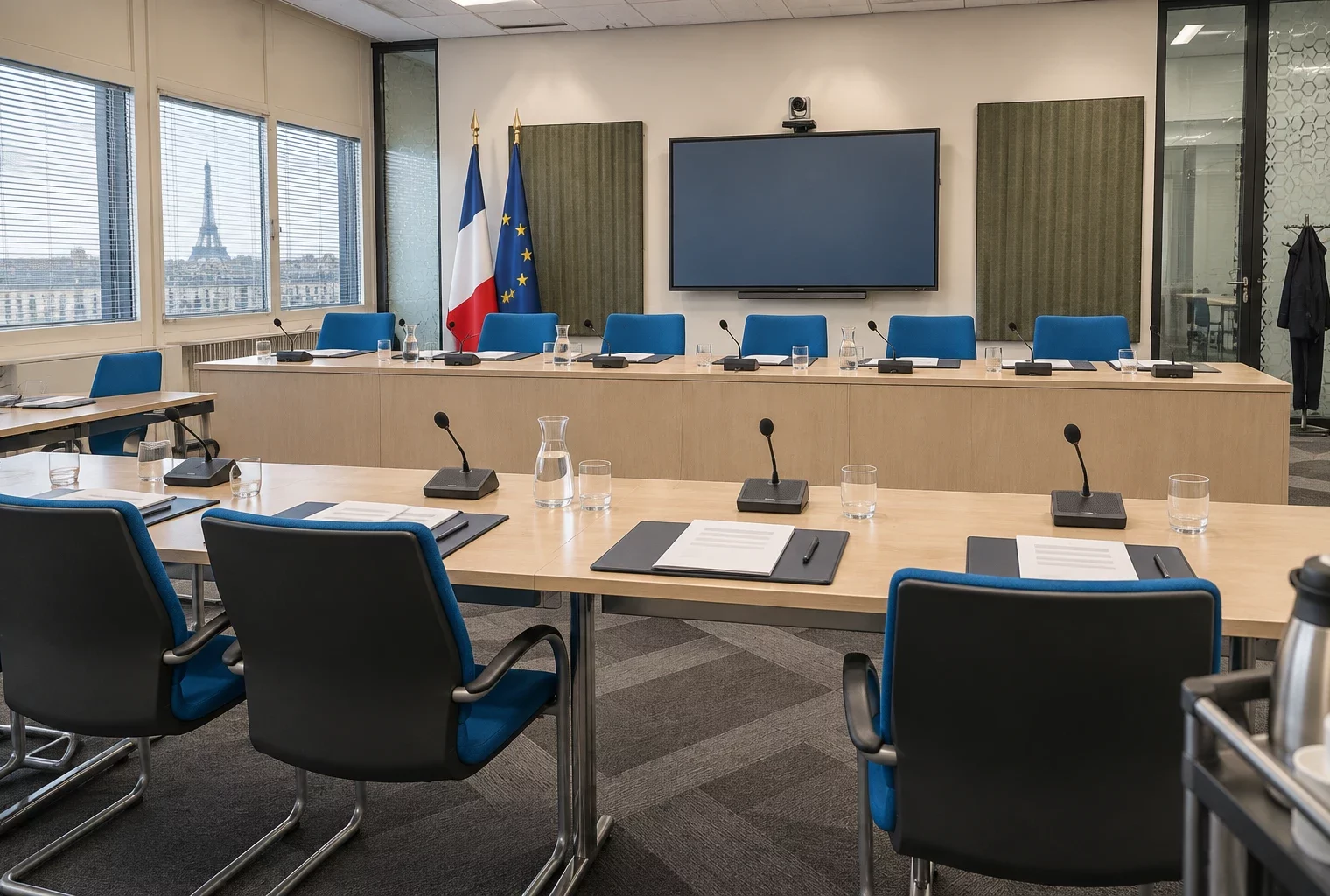 Salle d’audition avec rangée de sièges bleus, microphones de séance et dossiers ouverts sur une longue table.