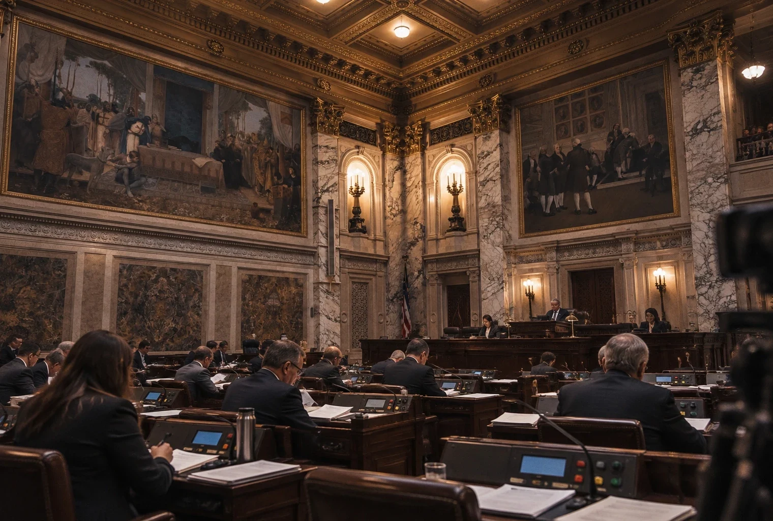 Rangées de pupitres équipés de microphones dans une salle parlementaire ornée de marbre et de boiseries, sous un éclairage intérieur chaud.