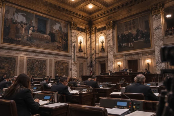 Rangées de pupitres équipés de microphones dans une salle parlementaire ornée de marbre et de boiseries, sous un éclairage intérieur chaud.