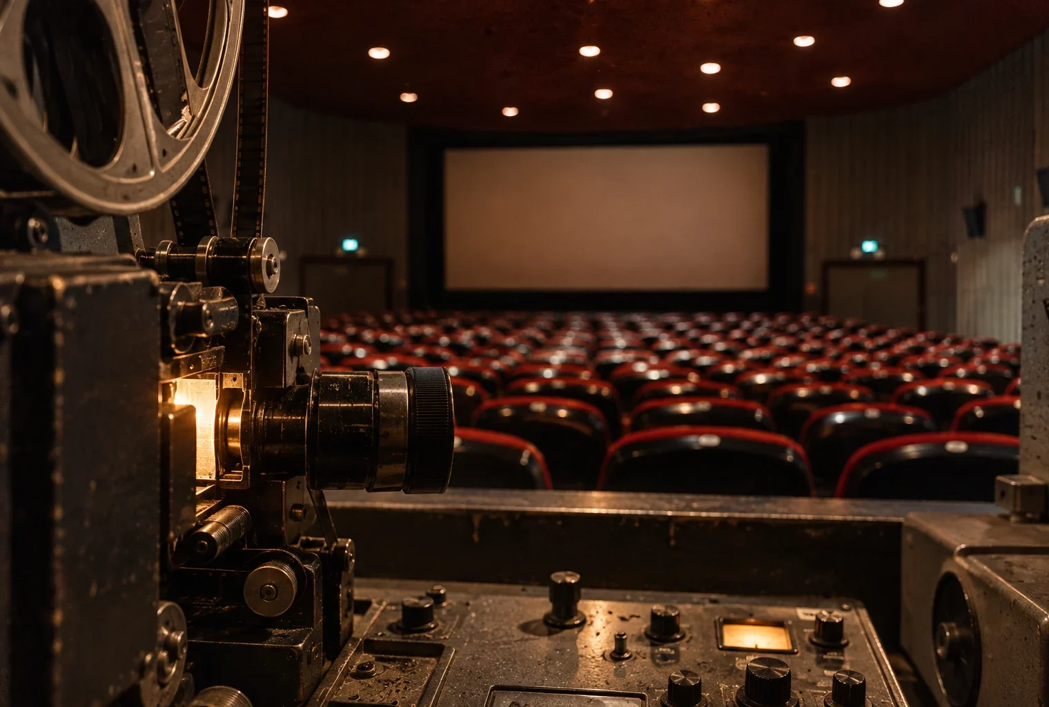 Un projecteur de cinéma marqué par l’usage au premier plan, devant des fauteuils rouges et un écran vierge.