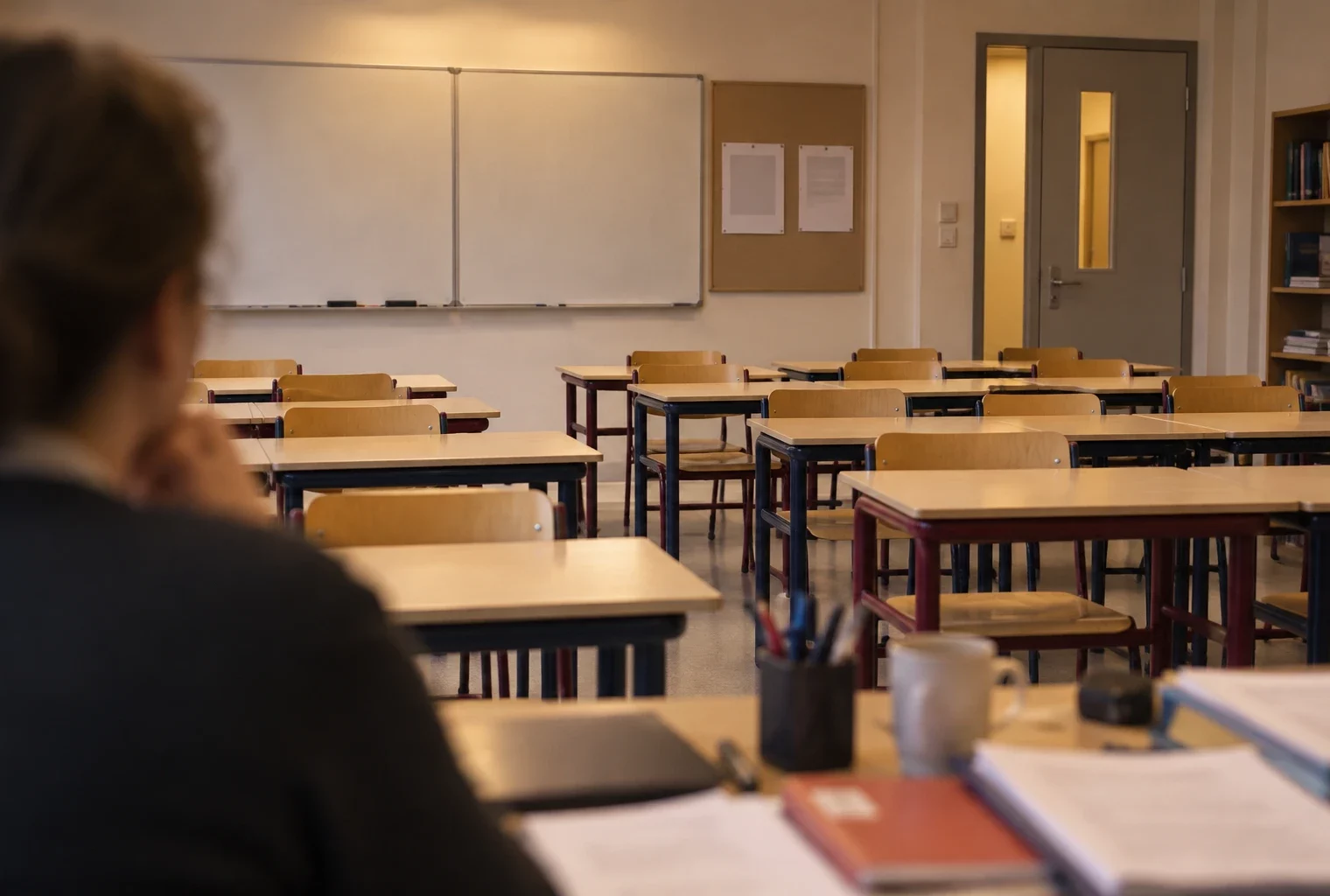 Une salle de classe de lycée vide, avec des rangées de tables, des chaises et du matériel de cours laissé sur place.
