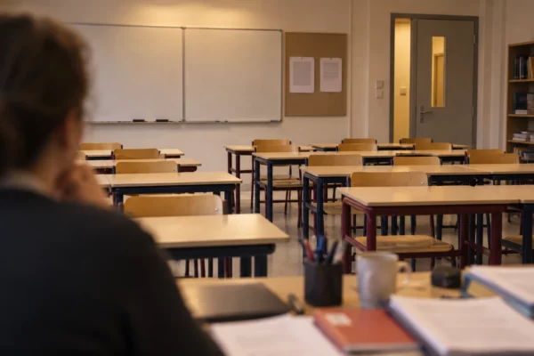 Une salle de classe de lycée vide, avec des rangées de tables, des chaises et du matériel de cours laissé sur place.
