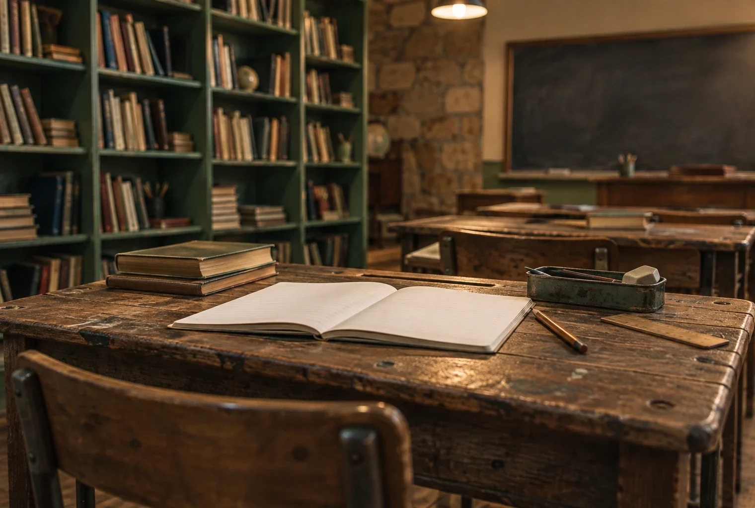 Détail d’une table d’école usée, avec cahier ouvert et fournitures, devant des rangées de mobilier et un tableau.