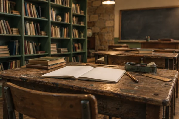 Détail d’une table d’école usée, avec cahier ouvert et fournitures, devant des rangées de mobilier et un tableau.