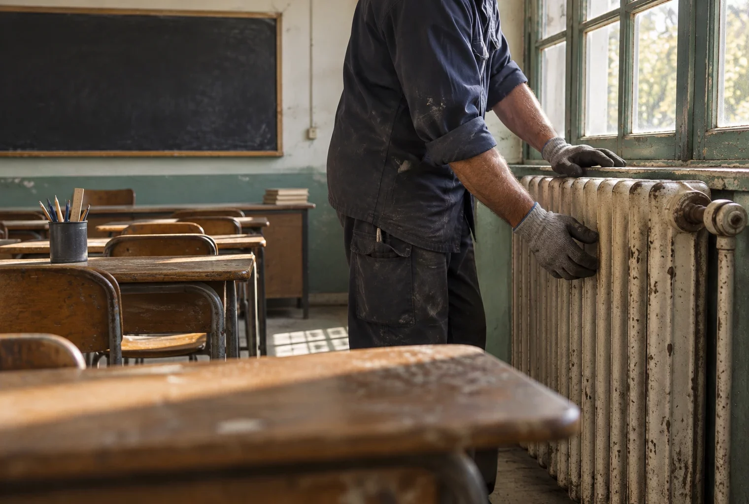 Des mains examinent un radiateur usé sous une fenêtre dans une salle de classe aux murs défraîchis et aux tables anciennes.