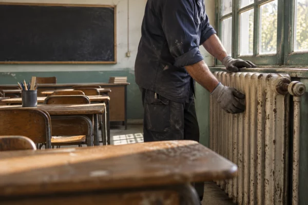 Des mains examinent un radiateur usé sous une fenêtre dans une salle de classe aux murs défraîchis et aux tables anciennes.