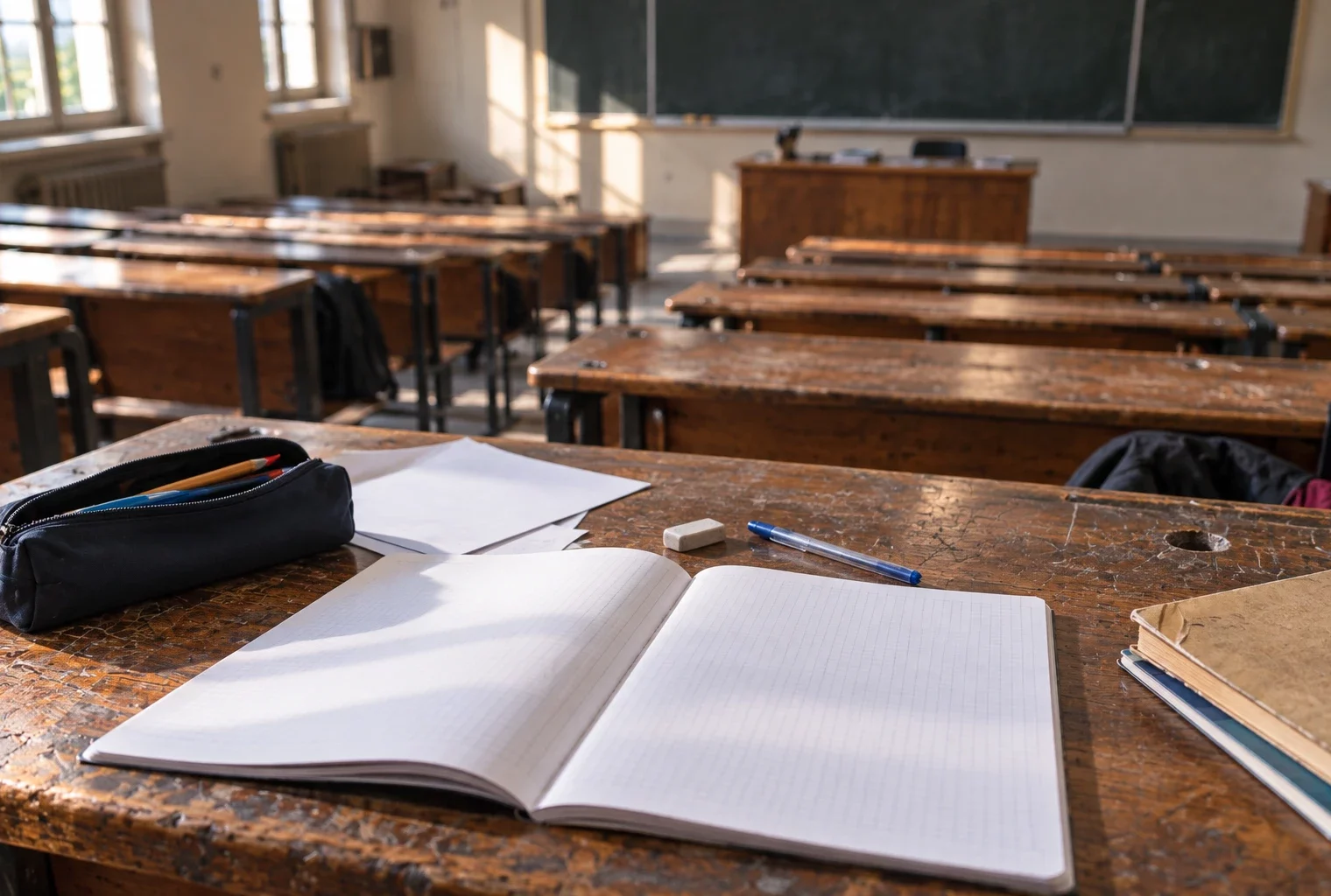 Gros plan sur une table d’élève usée, avec cahier vierge et fournitures, dans une salle de classe aux rangées de tables.