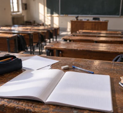 Gros plan sur une table d’élève usée, avec cahier vierge et fournitures, dans une salle de classe aux rangées de tables.