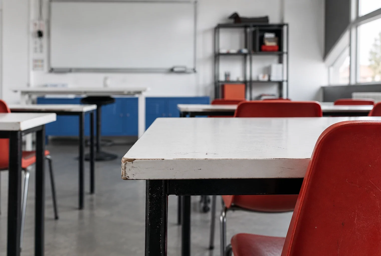 Détail d’une table d’élève usée dans une salle de classe, avec des rangées de mobilier et du matériel pédagogique en arrière-plan.