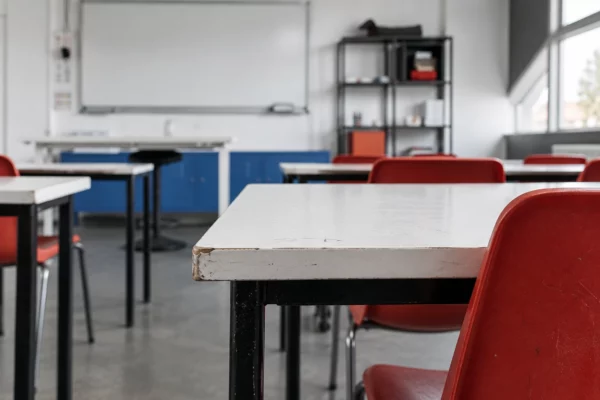 Détail d’une table d’élève usée dans une salle de classe, avec des rangées de mobilier et du matériel pédagogique en arrière-plan.
