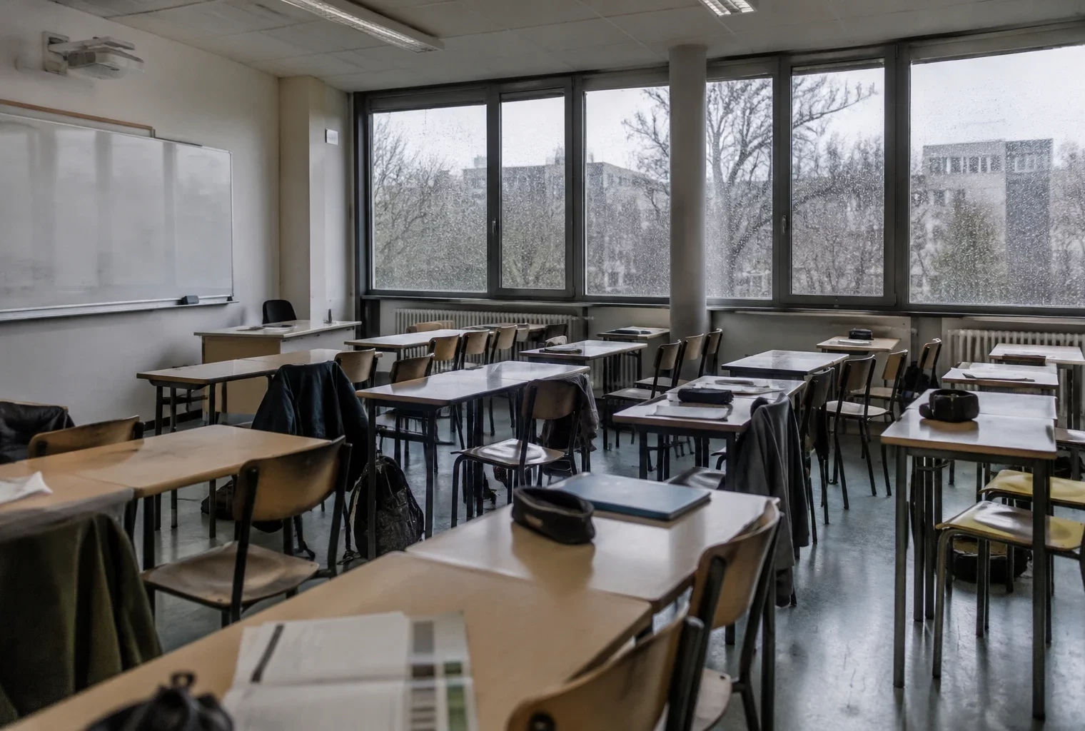 Salle de classe de lycée avec des tables alignées, des chaises et un tableau mural, dans un espace scolaire ordinaire.