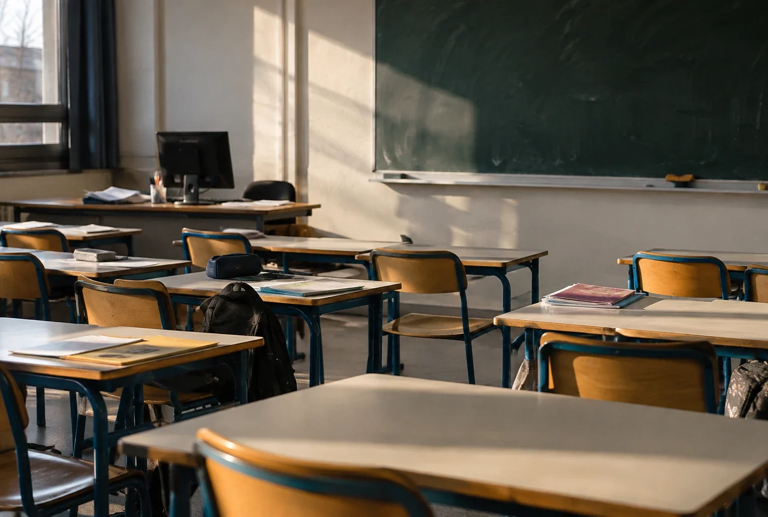 Tables et chaises rapprochées dans une salle de classe de lycée, avec quelques cahiers et un tableau au fond.