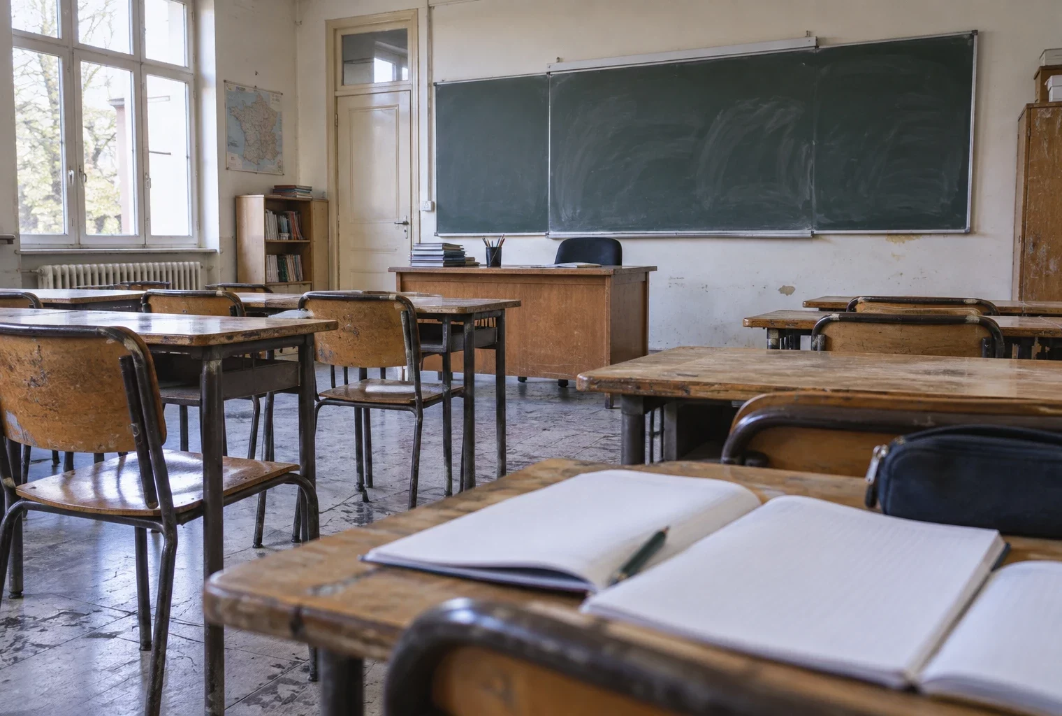 Salle de classe de lycée vide, avec bureau d’enseignant, cahiers ouverts et rangées de tables devant un tableau effacé.