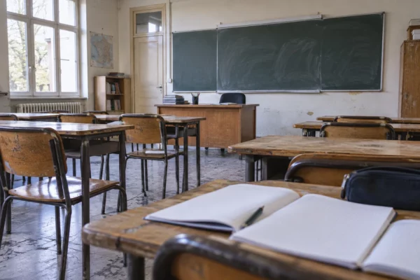 Salle de classe de lycée vide, avec bureau d’enseignant, cahiers ouverts et rangées de tables devant un tableau effacé.