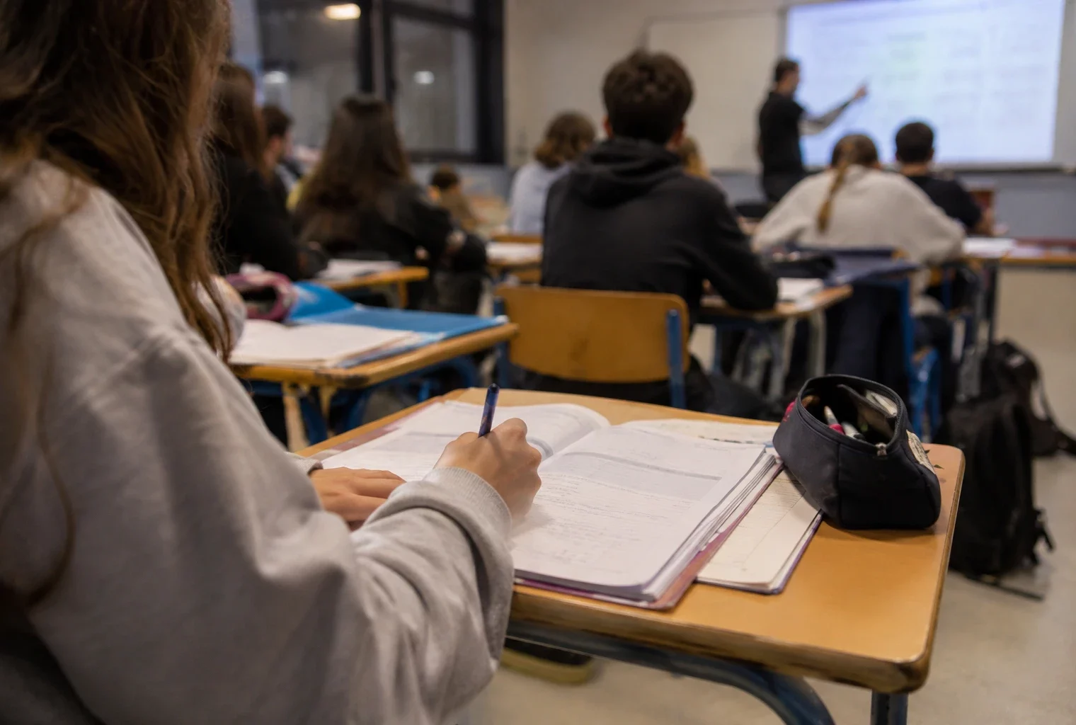 Salle de classe de lycée avec des bureaux d’élèves, des cahiers ouverts et un tableau mural en arrière-plan.