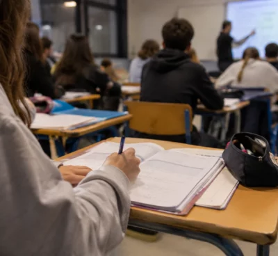 Salle de classe de lycée avec des bureaux d’élèves, des cahiers ouverts et un tableau mural en arrière-plan.