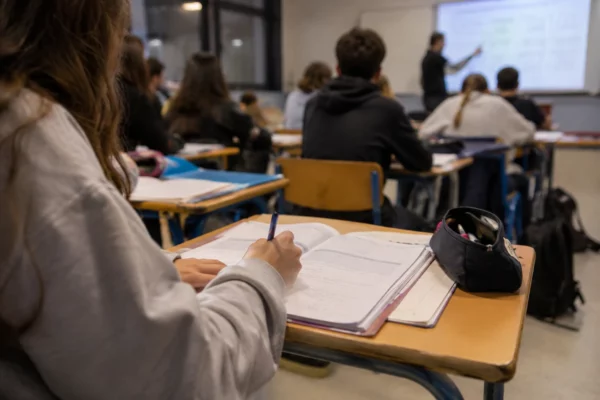 Salle de classe de lycée avec des bureaux d’élèves, des cahiers ouverts et un tableau mural en arrière-plan.