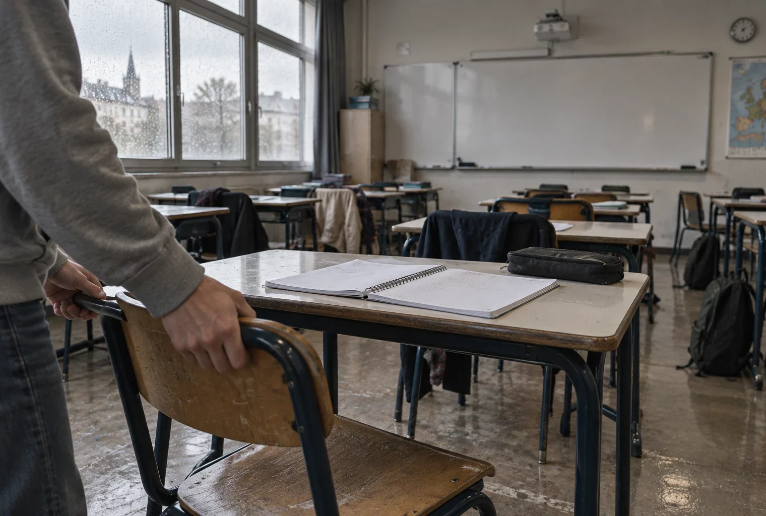Dans une salle de classe, des mains tirent une chaise près de bureaux usés et de cahiers ouverts, face au tableau.