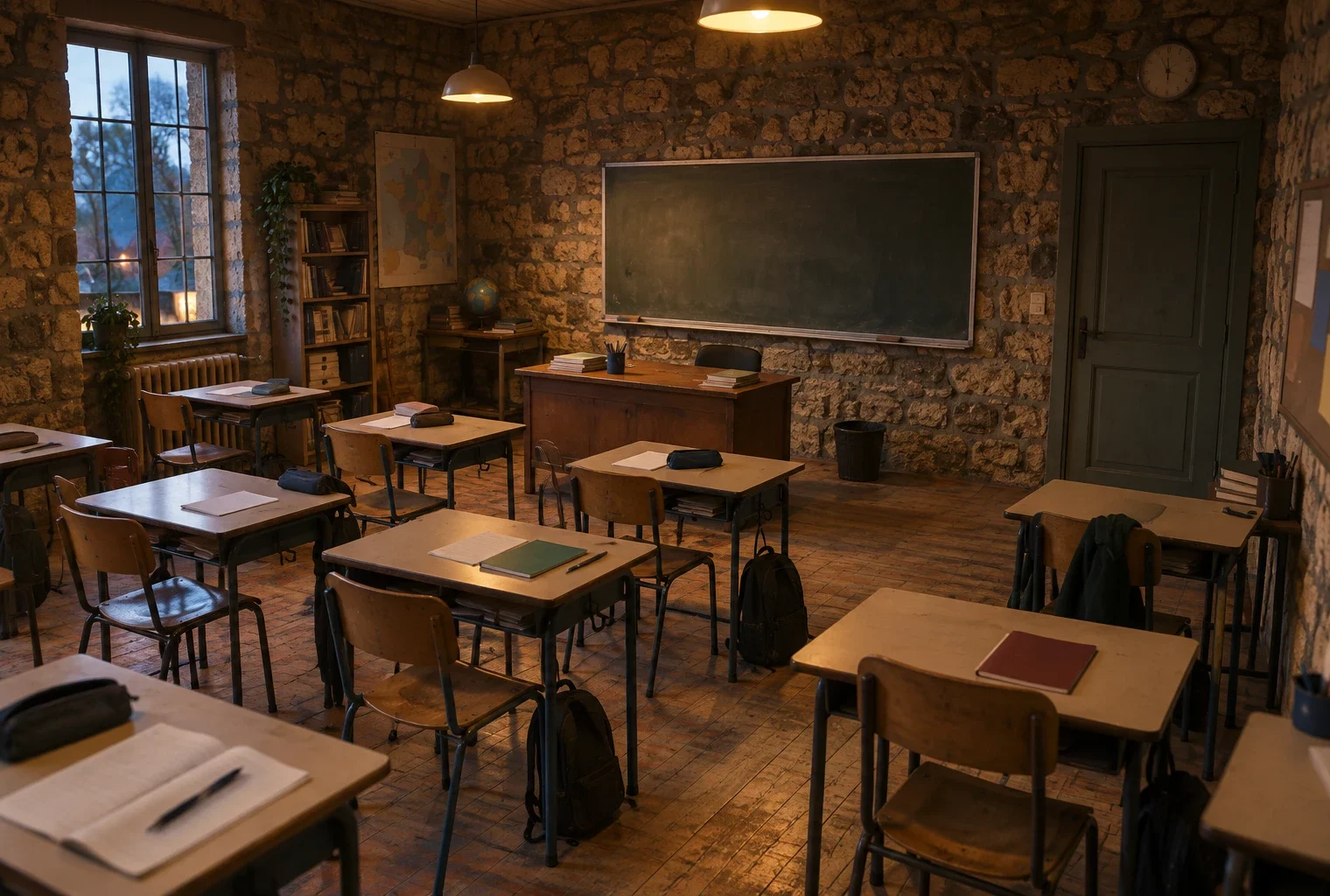 Salle de classe de lycée aux murs de pierre, avec rangées de tables et de chaises, bureau d’enseignant et tableau vierge.