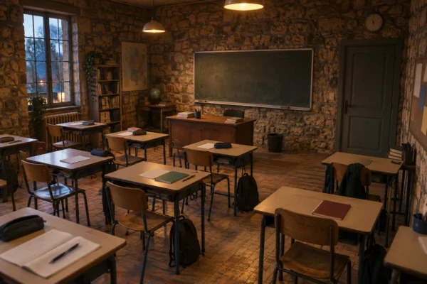 Salle de classe de lycée aux murs de pierre, avec rangées de tables et de chaises, bureau d’enseignant et tableau vierge.