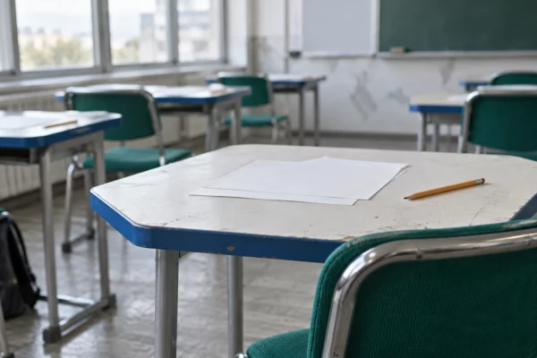 Détail d’une table usée avec des feuilles vierges dans une salle de classe de lycée, devant des bureaux et des fenêtres.