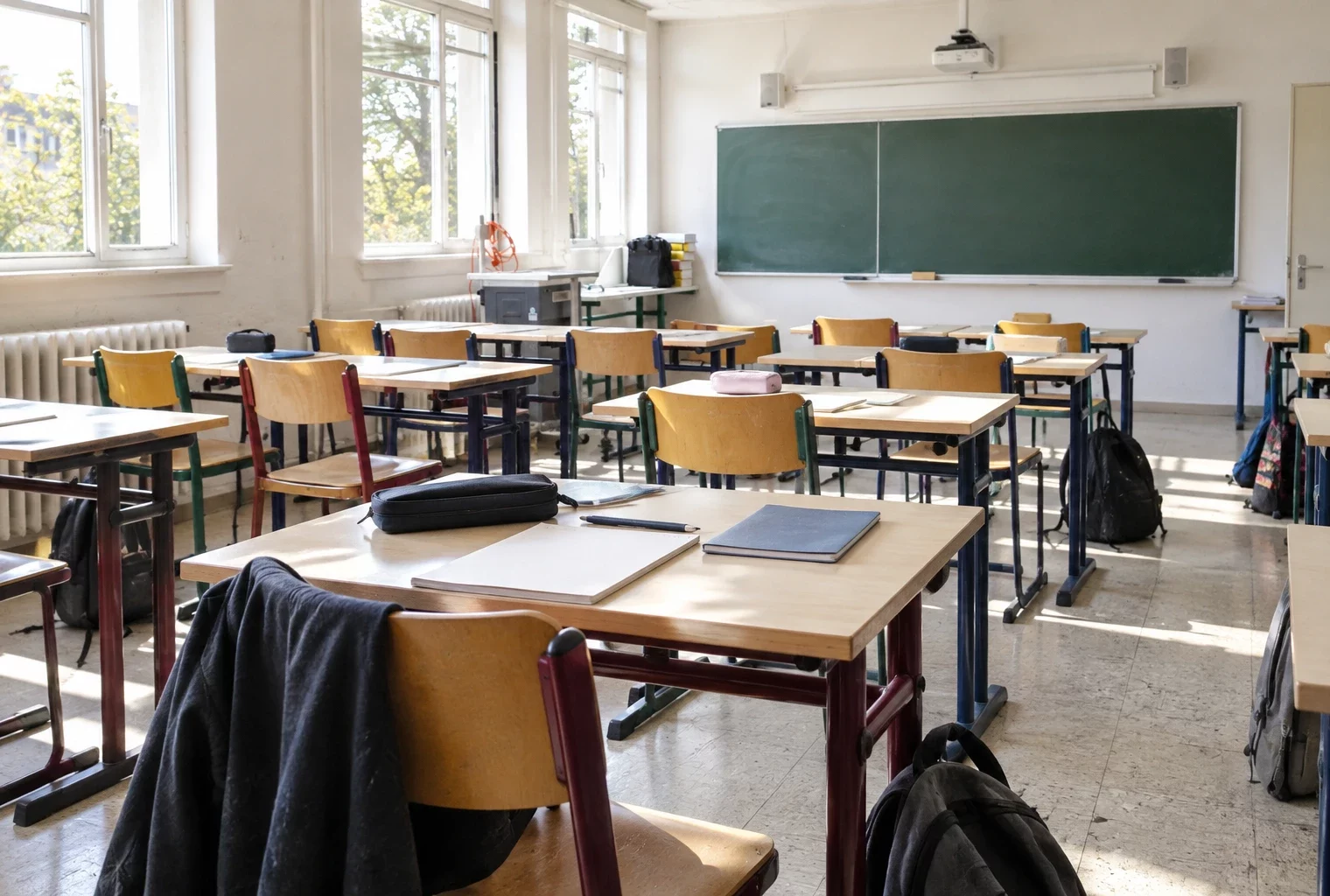 Une salle de classe de lycée, avec des rangées de tables et de chaises usées, un tableau vierge et des fenêtres ensoleillées.